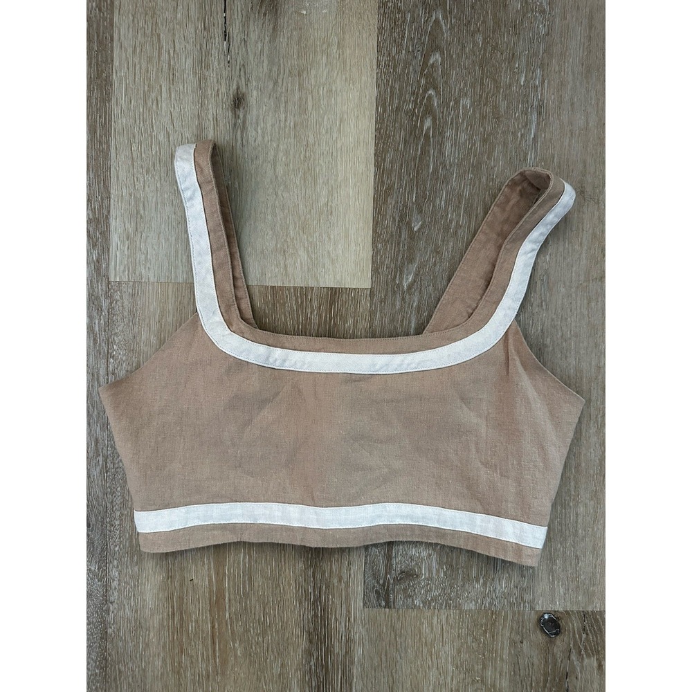 7 For All Mankind Crop Top Womens Medium Linen Blend Smocked Back Summer Neutral - Picture 1 of 6